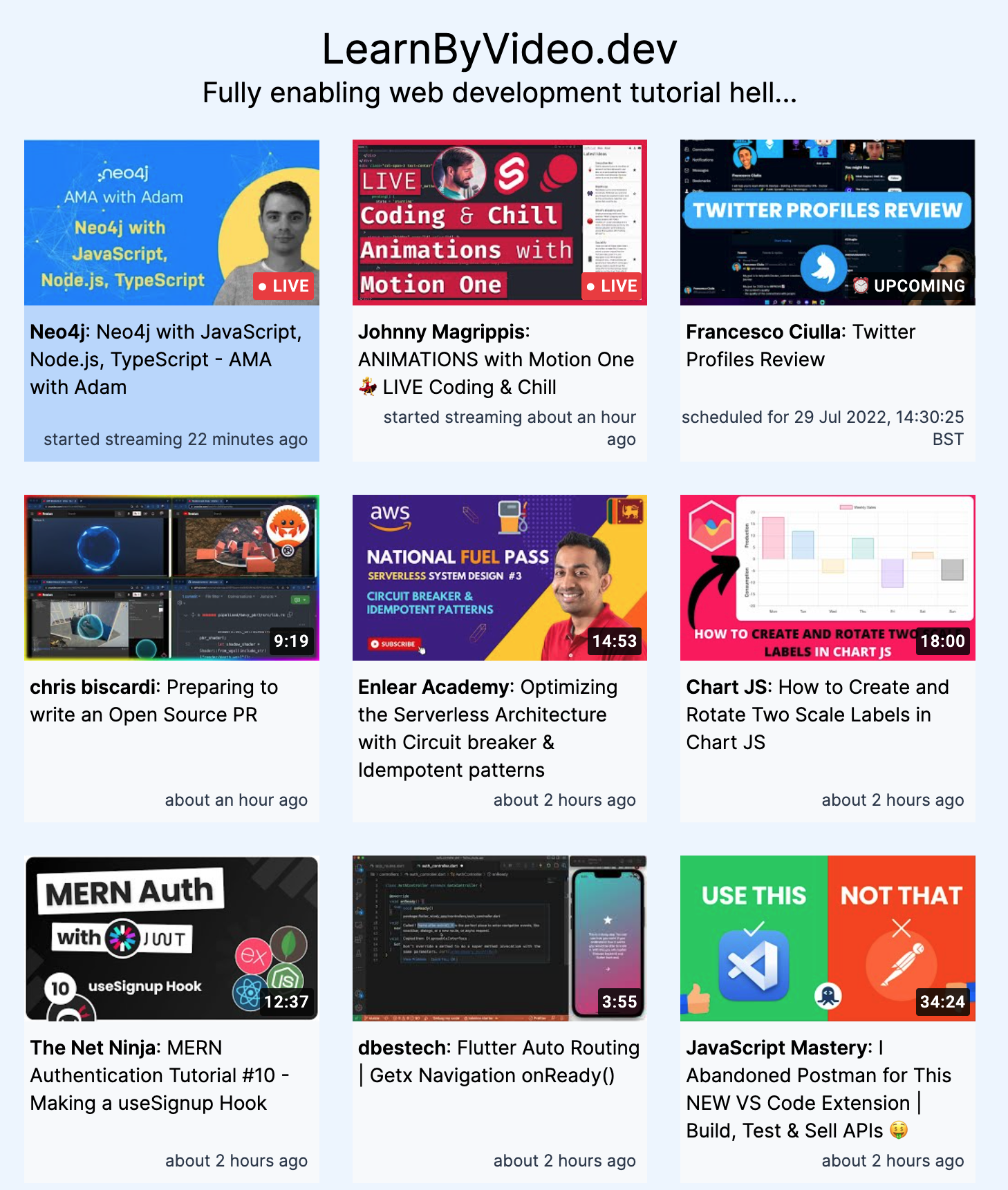Screenshot of LearnByVideo.dev, showing a grid of recent development tutorials from Youtube